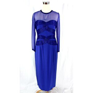 Vintage Jovani Royal Blue Beaded Sheer Long Sleeve Maxi Dress Gown S